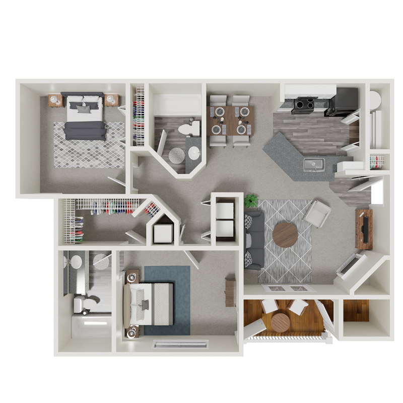 Floor plan for 2 beds, 2 baths, 1159 sqft